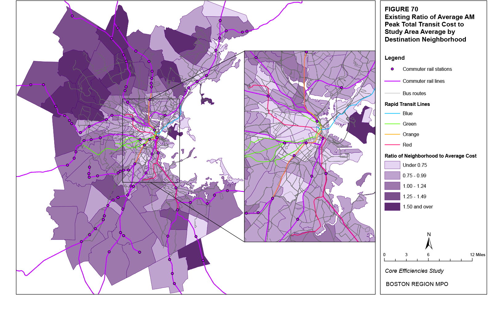 This map shows the existing average AM peak total transit costs for destination trips by neighborhood.